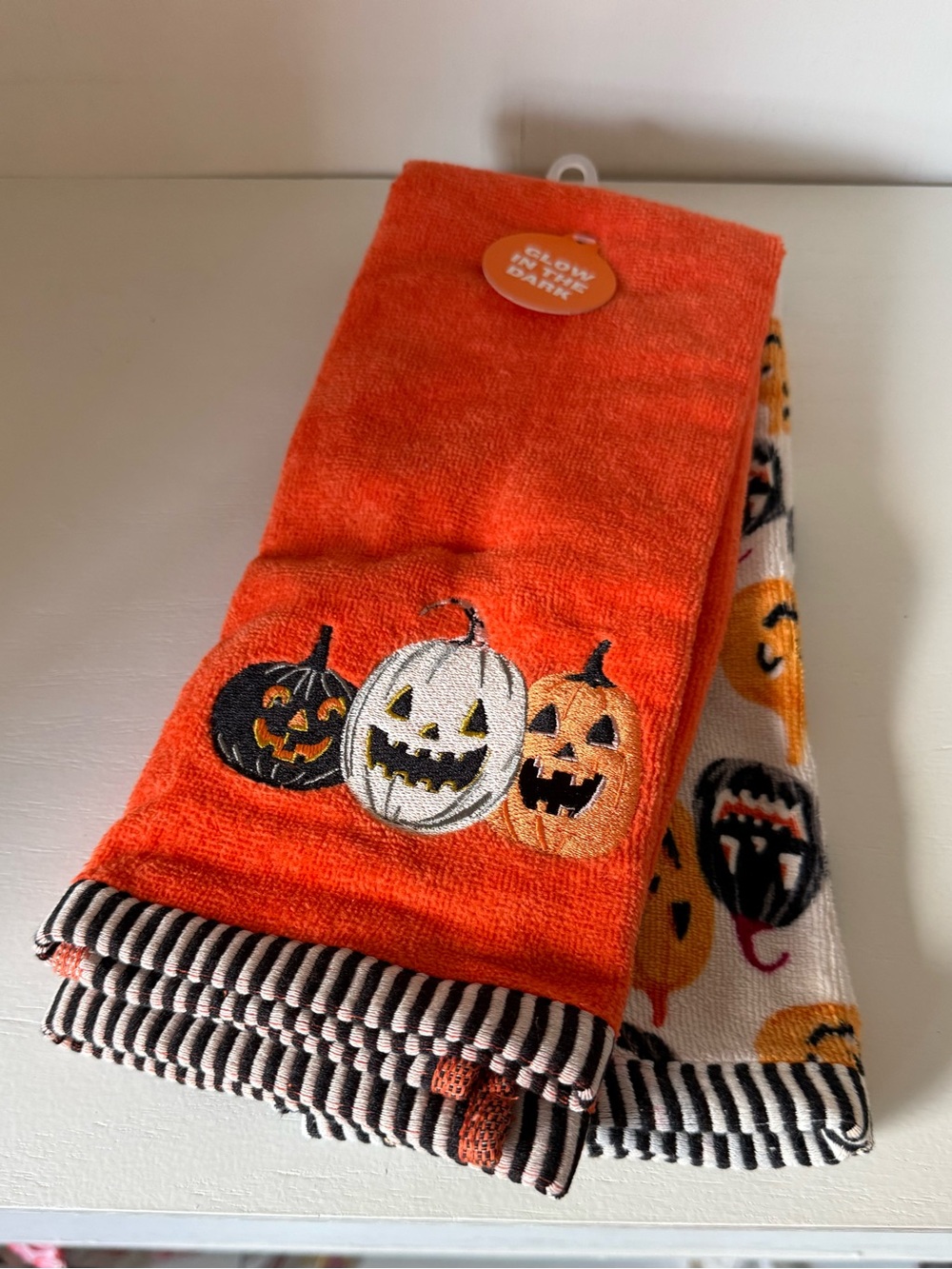 2 Pack Halloween Glow in the Dark Pumpkin Hand Towels Hyde & EEK! Boutique